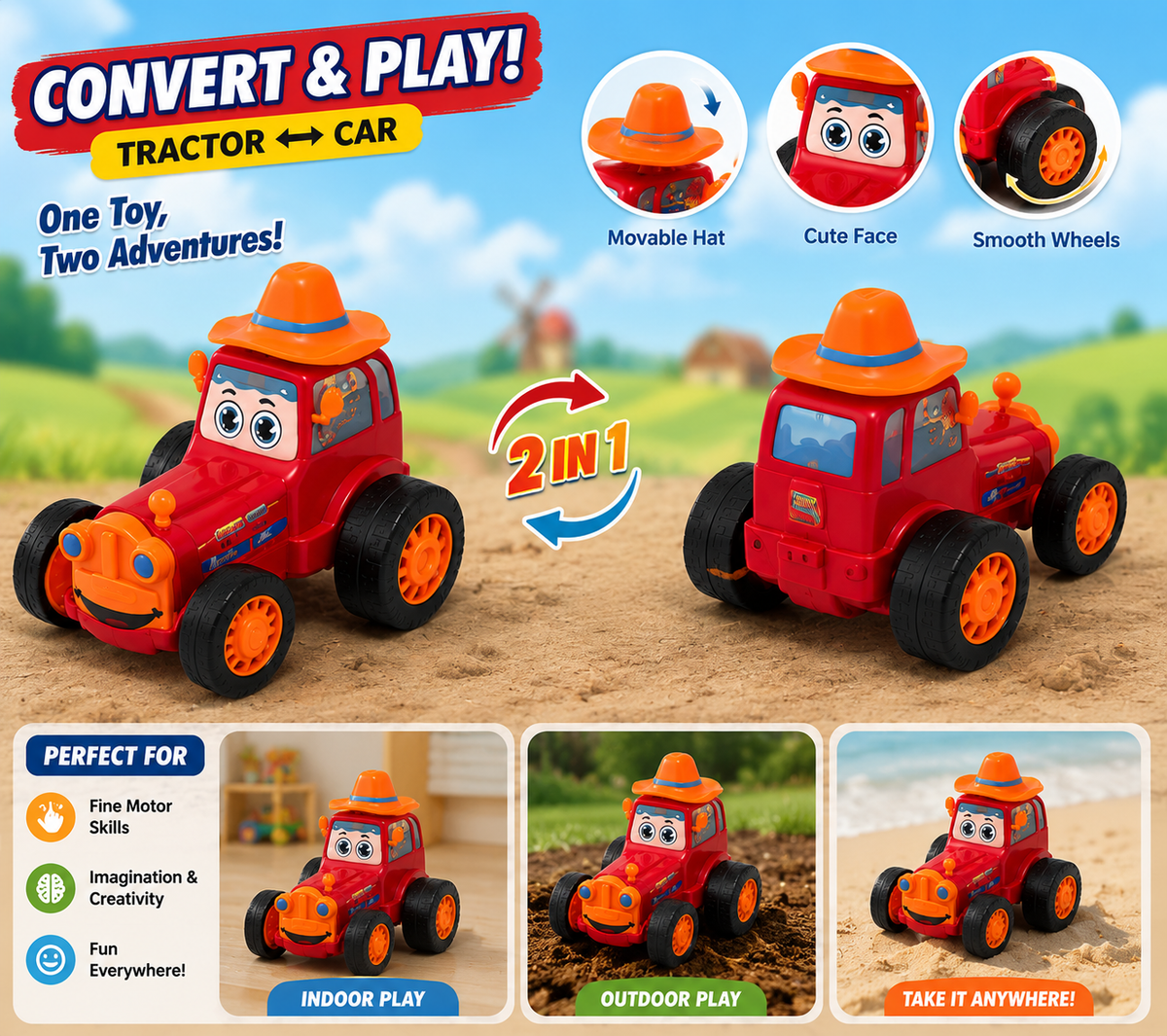 Tracteur 2-en-1 Transformable – Le Jouet qui se Transforme en Voiture !
