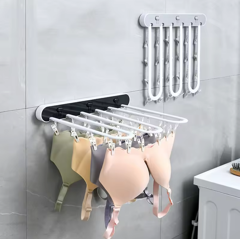 Étendoir Mural Pliable Multi-Pinces – Gain de place et Séchage Facile