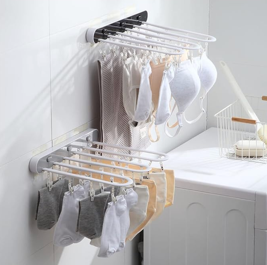 Étendoir Mural Pliable Multi-Pinces – Gain de place et Séchage Facile