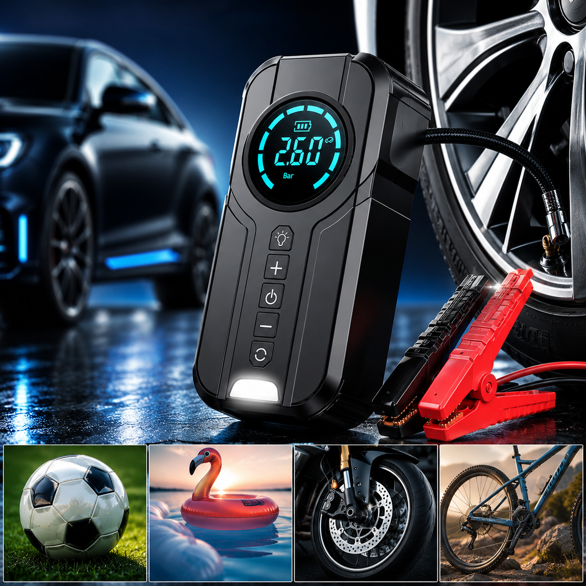 Démarreur de Batterie 4-en-1 – Compresseur d’Air 150 PSI, Booster 12V, Lampe LED & Power Bank