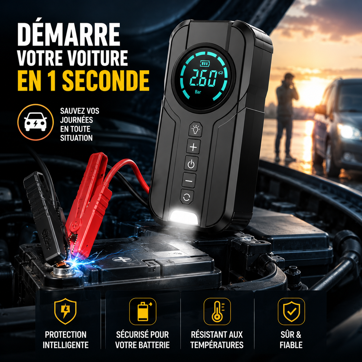 Démarreur de Batterie 4-en-1 – Compresseur d’Air 150 PSI, Booster 12V, Lampe LED & Power Bank