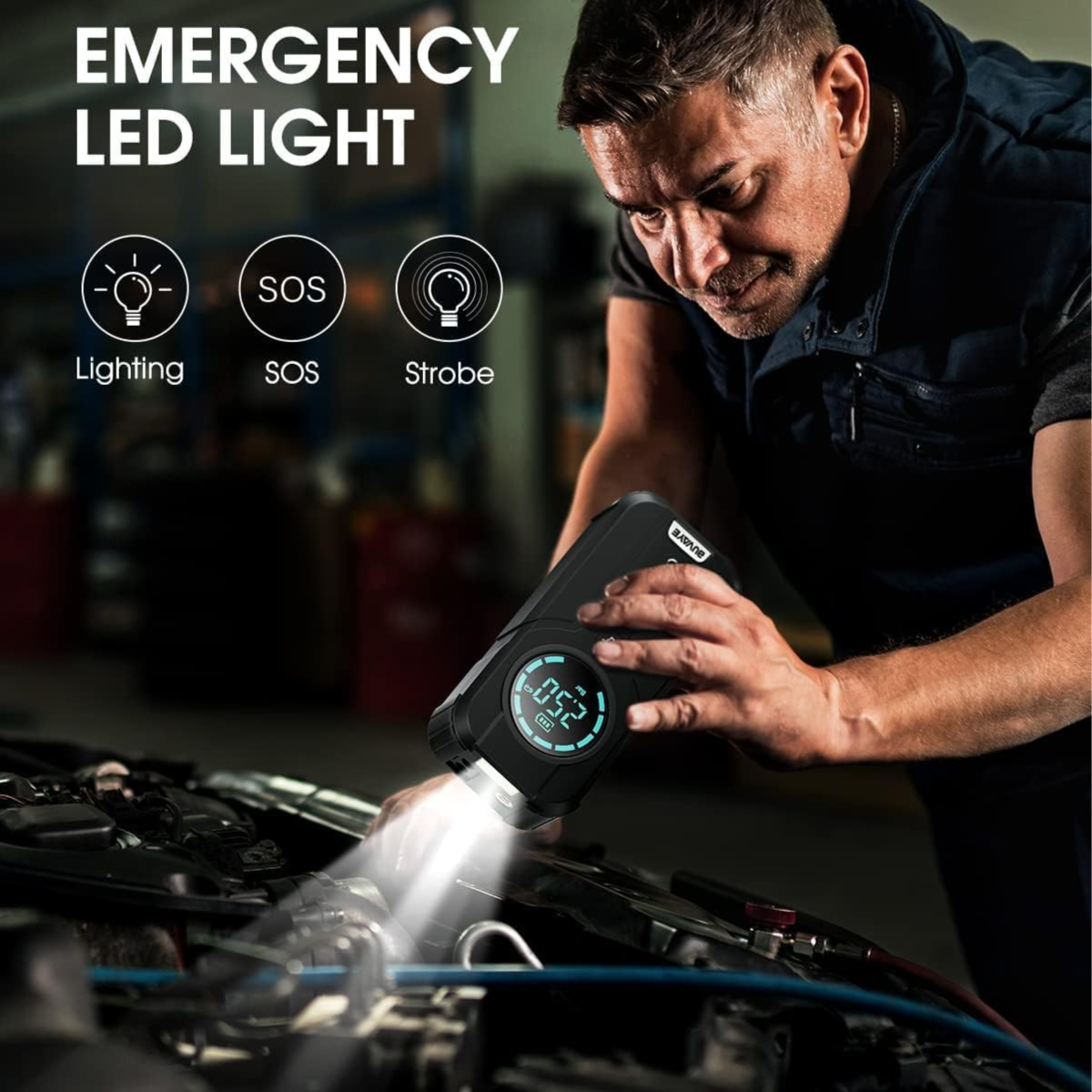 Démarreur de Batterie 4-en-1 – Compresseur d’Air 150 PSI, Booster 12V, Lampe LED & Power Bank