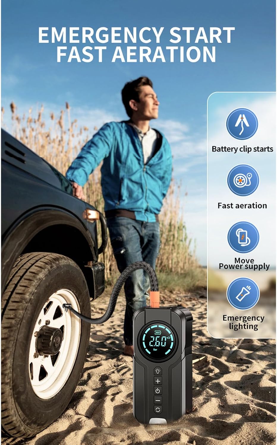 Démarreur de Batterie 4-en-1 – Compresseur d’Air 150 PSI, Booster 12V, Lampe LED & Power Bank