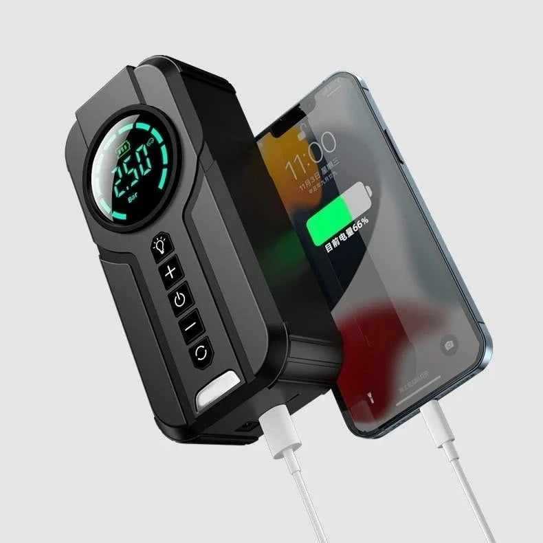 Démarreur de Batterie 4-en-1 – Compresseur d’Air 150 PSI, Booster 12V, Lampe LED & Power Bank
